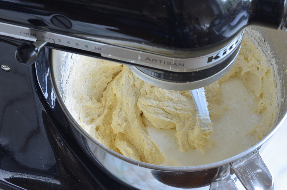 adding the buttermilk to the batter