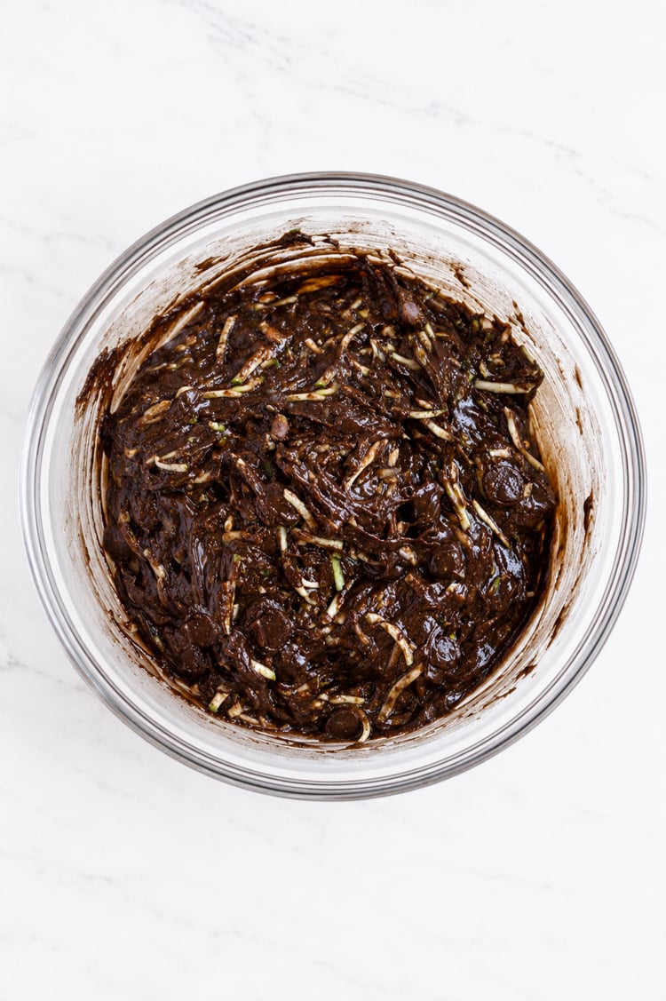 chocolate zucchini bread batter in mixing bowl