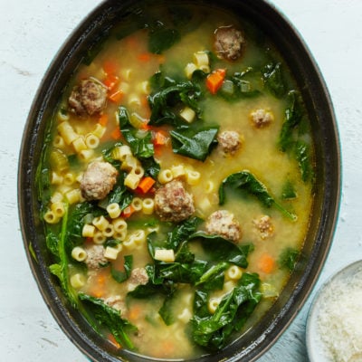 Large pot of Italian wedding soup.