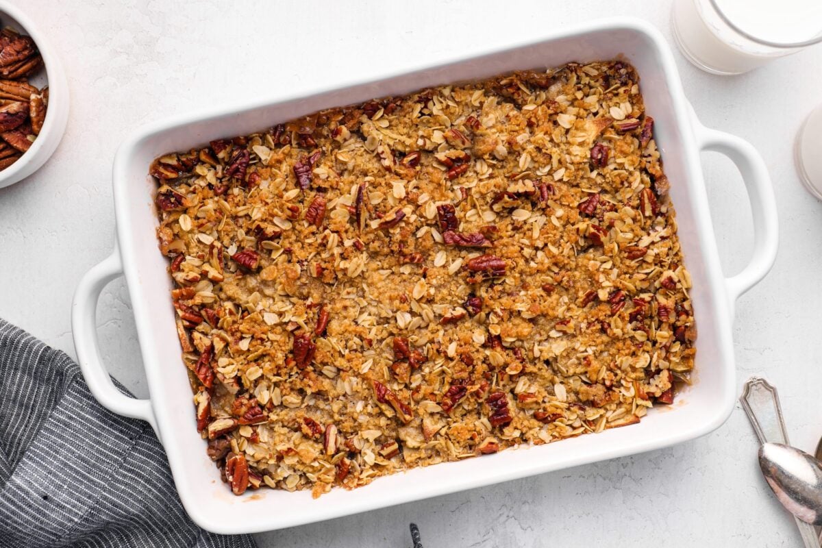 apple crisp in white baking dish