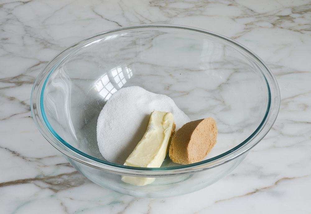 butter and sugars in mixing bowl