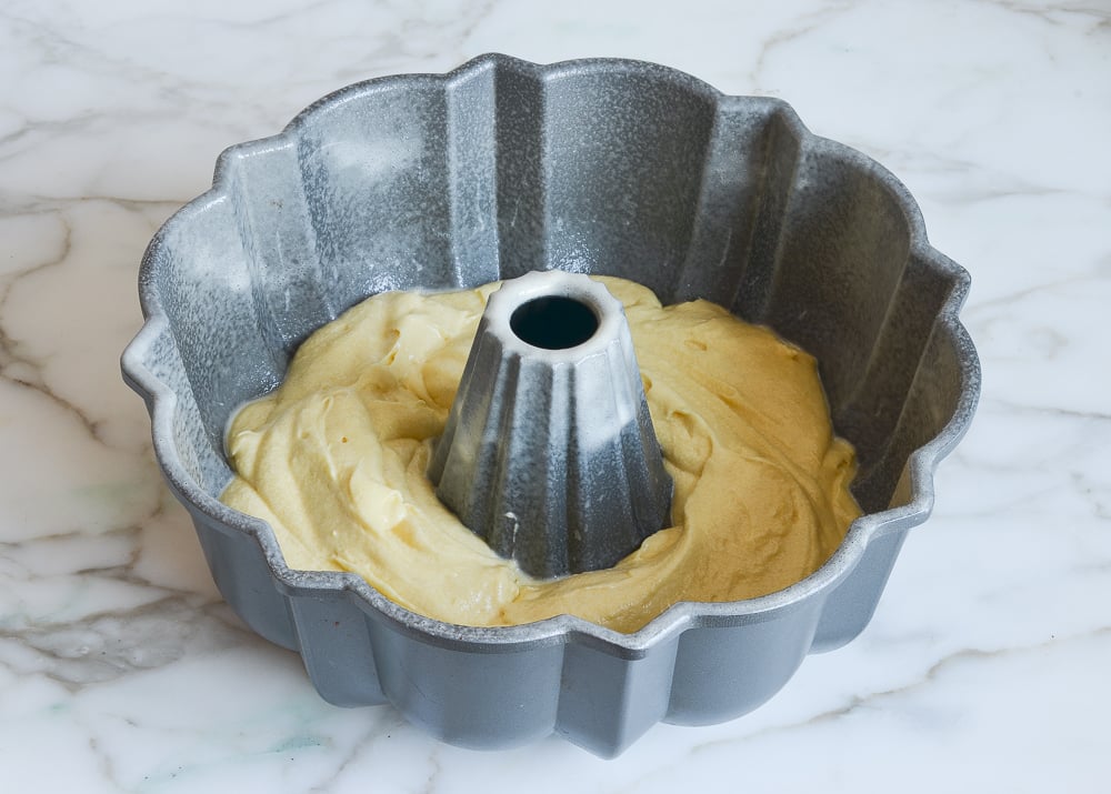 first layer of vanilla batter in Bundt pan