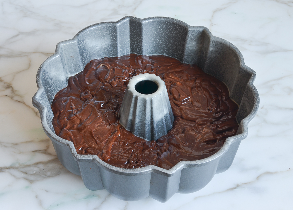 chocolate batter layer in Bundt pan