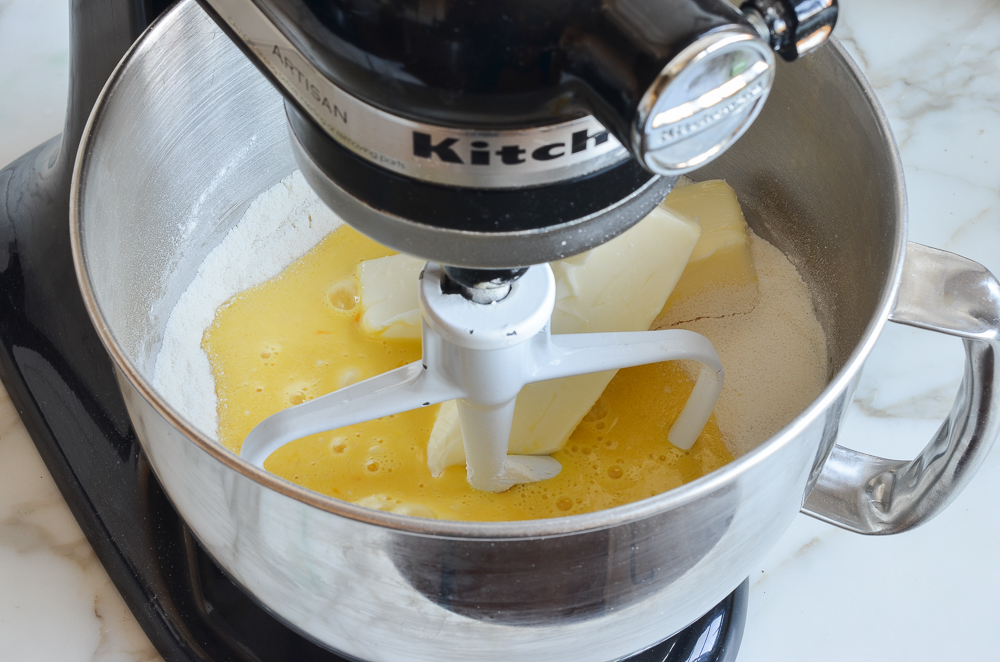 Butter and buttermilk with dry ingredients in a stand mixer.