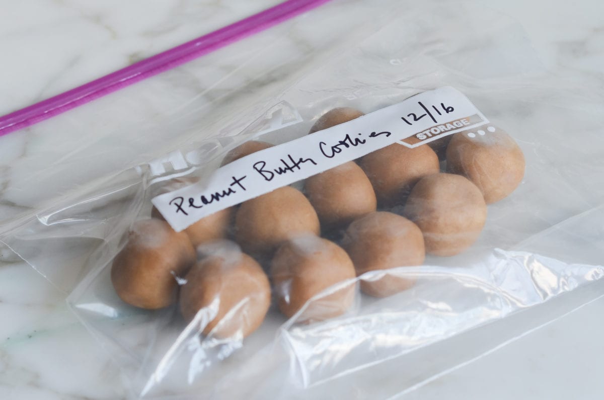 Bag of dough balls labeled \"Peanut Butter Cookies 12/16.\"