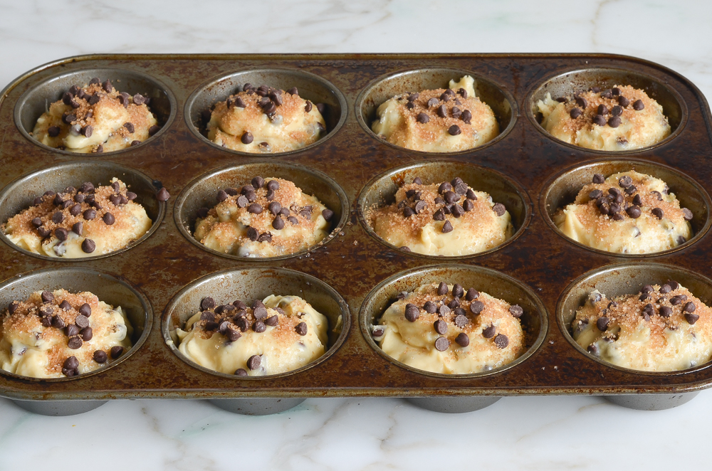 chocolate chip muffins ready to bake