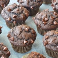 Chocolate muffins on a countertop.