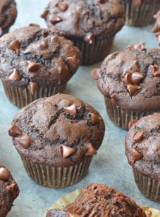 Chocolate muffins on a countertop.