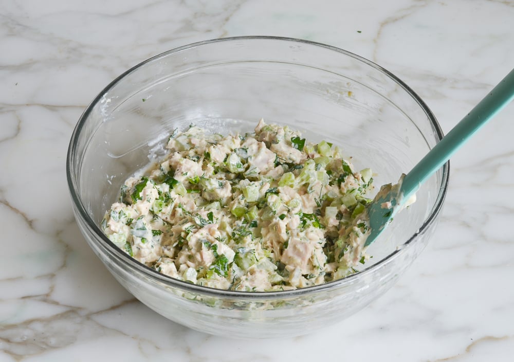 tuna salad in mixing bowl