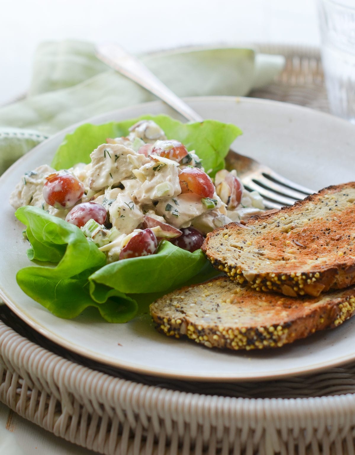 Chicken salad with grapes and almonds in a bowl