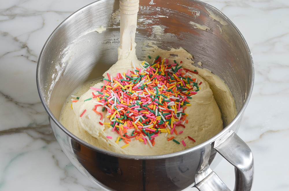adding the sprinkles to the batter