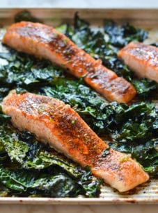 Blackened salmon with garlicky kale.