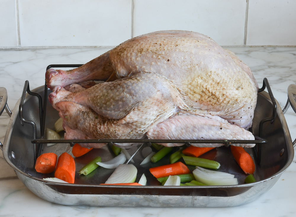 dry brine turkey ready in roasting pan