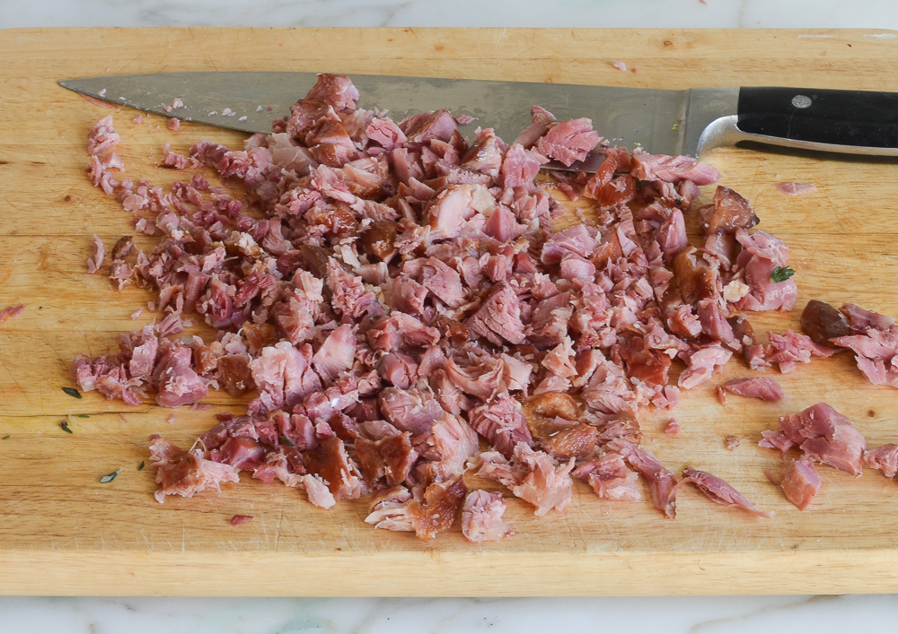chopped ham on cutting board