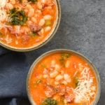 Two bowls of smoky white bean and ham soup.