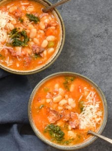 Two bowls of smoky white bean and ham soup.