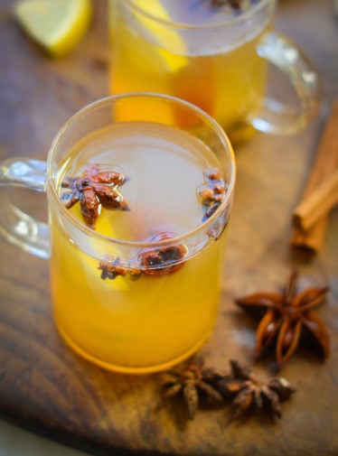 Hot Toddy in a handled glass mug.