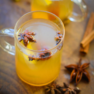 Hot Toddy in a handled glass mug.