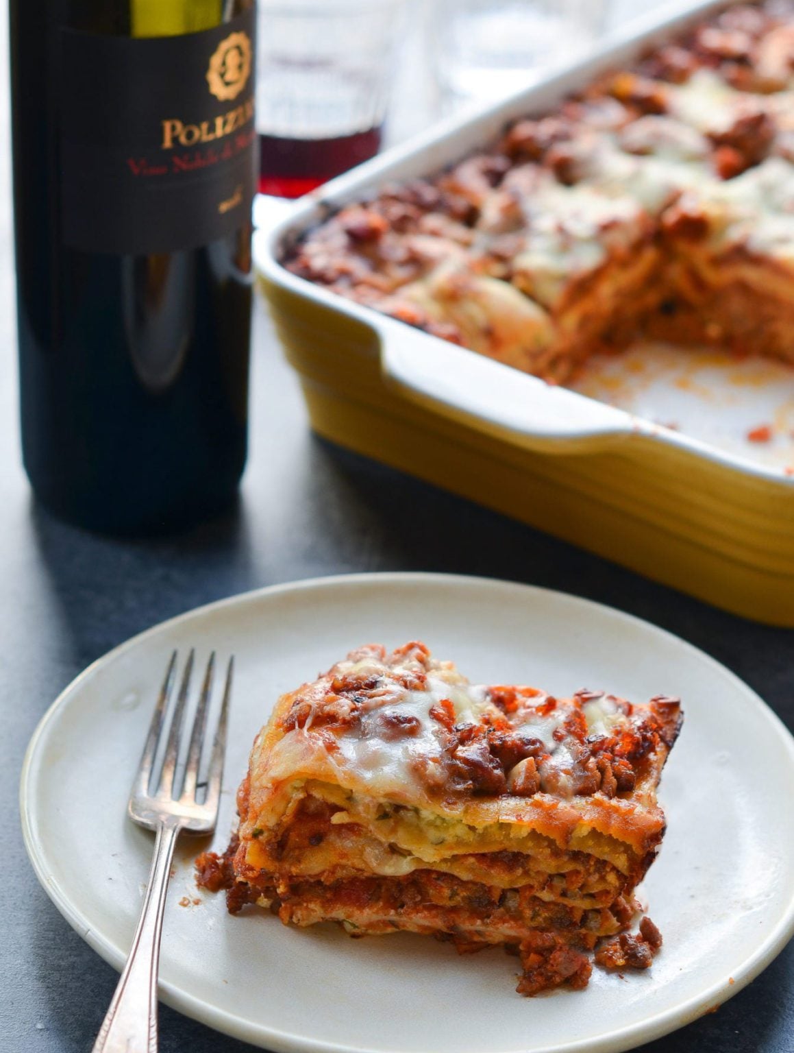 Classic lasagna with Italian sausage slice