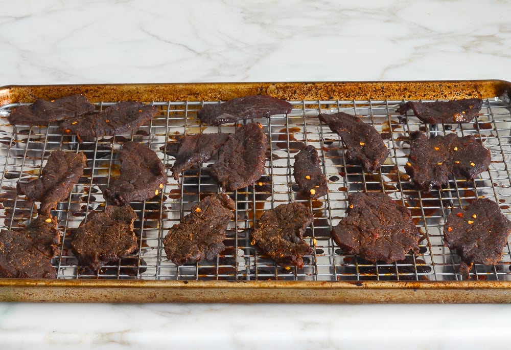 cooked beef jerky on wire rack