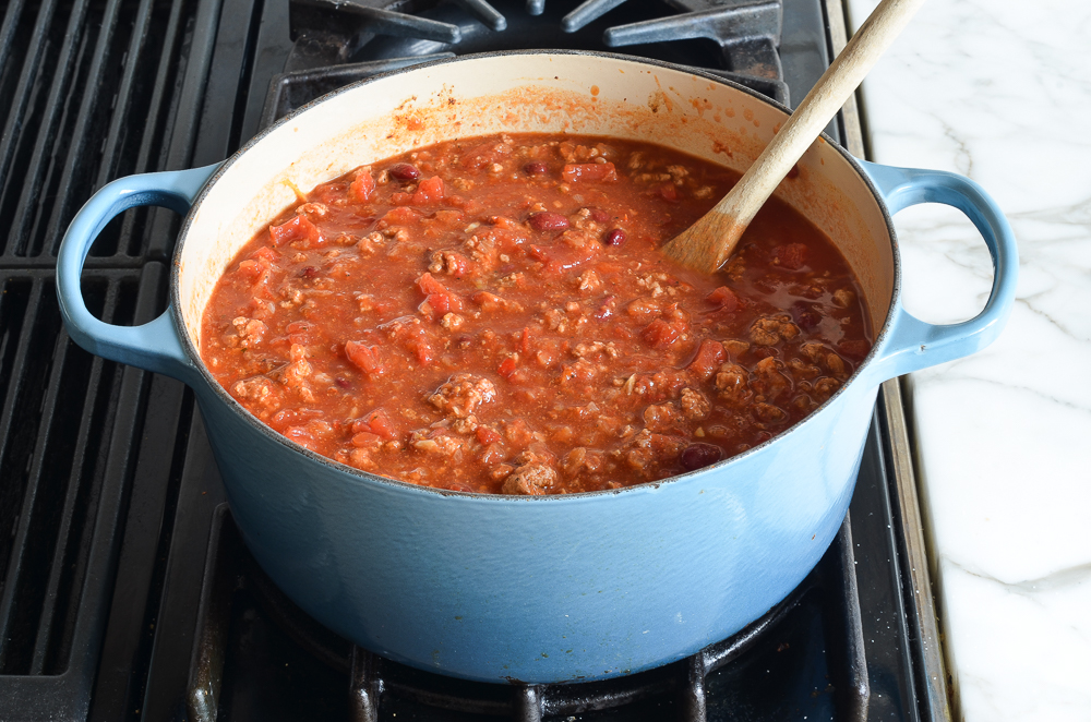simmering the turkey chili.