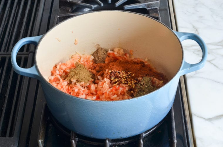 vegetables and spices in Dutch oven