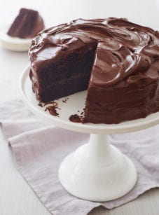 chocolate cake on cake platter.