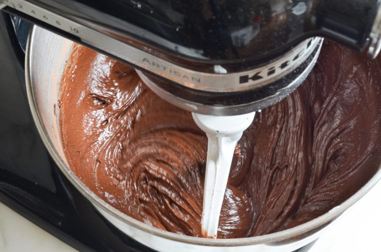 chocolate cake batter with wet ingredients mixed in