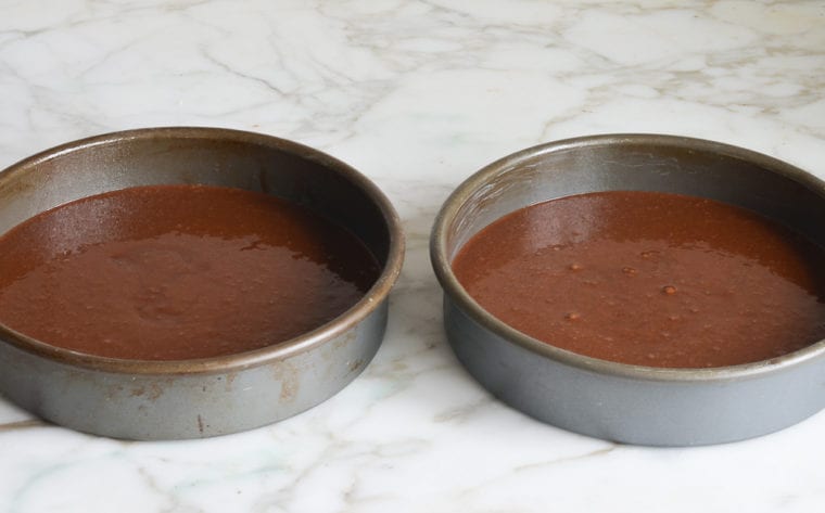 chocolate cake batter in pans ready to bake