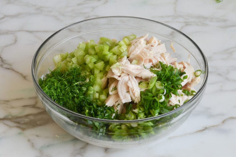 chicken salad components in bowl
