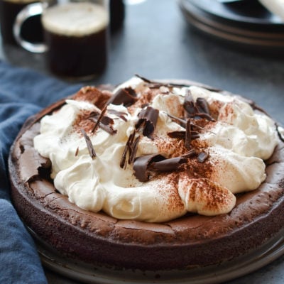 Flourless chocolate cake on a countertop.