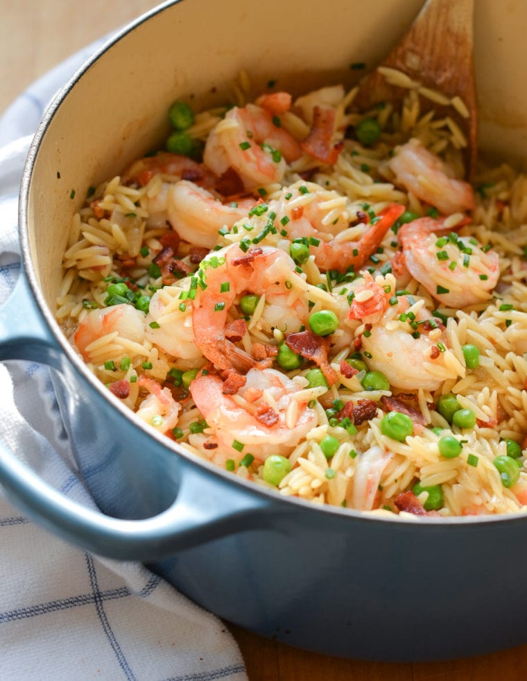 Orzo Risotto with Shrimp, Peas & Bacon