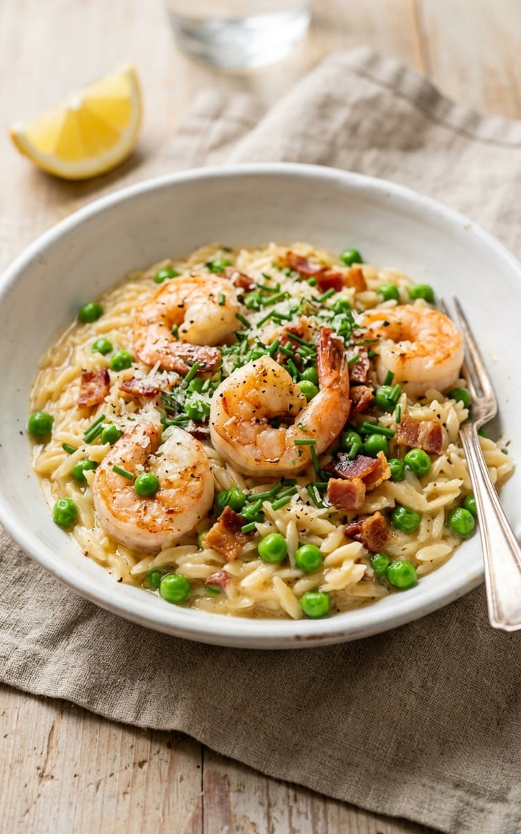 Orzo risotto with shrimp, bacon, and peas in white ceramic bowl.