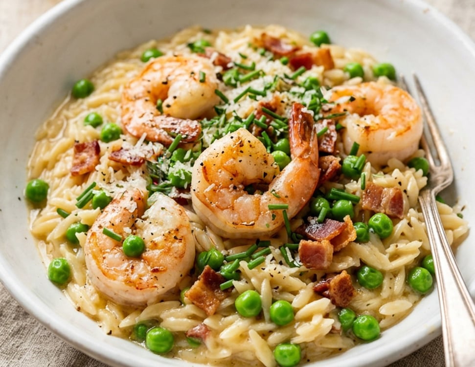 Orzo Risotto with Shrimp, Peas & Bacon