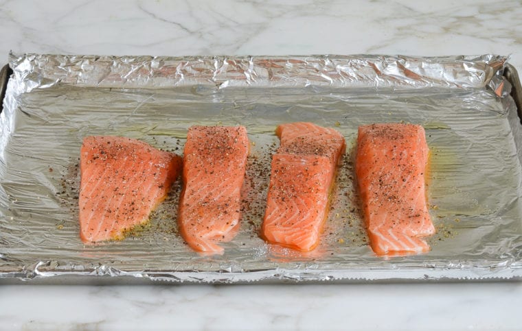 salmon on baking sheet
