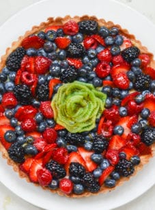 Colorful French fruit tart on a plate.