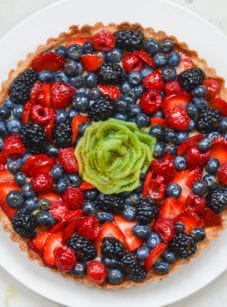 Colorful French fruit tart on a plate.