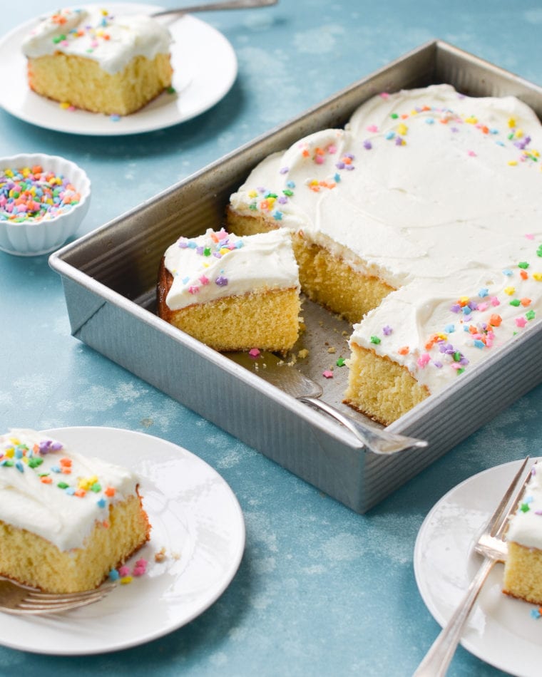 Cake in a rectangular baking dish.