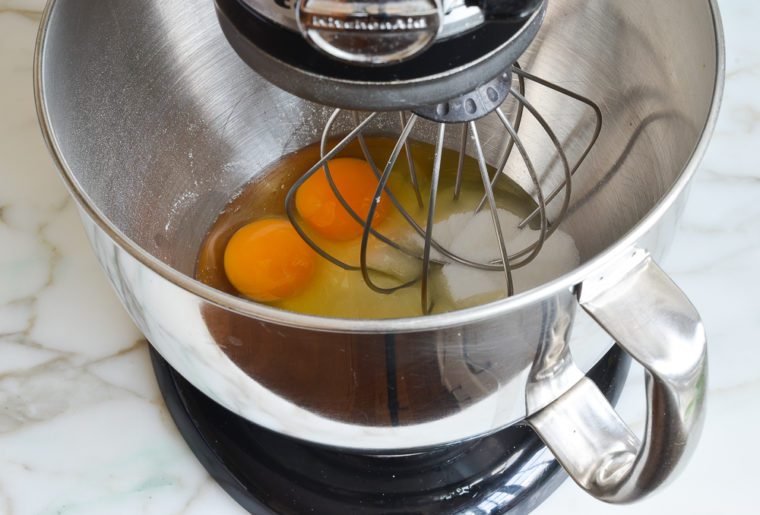 eggs and sugar in mixer