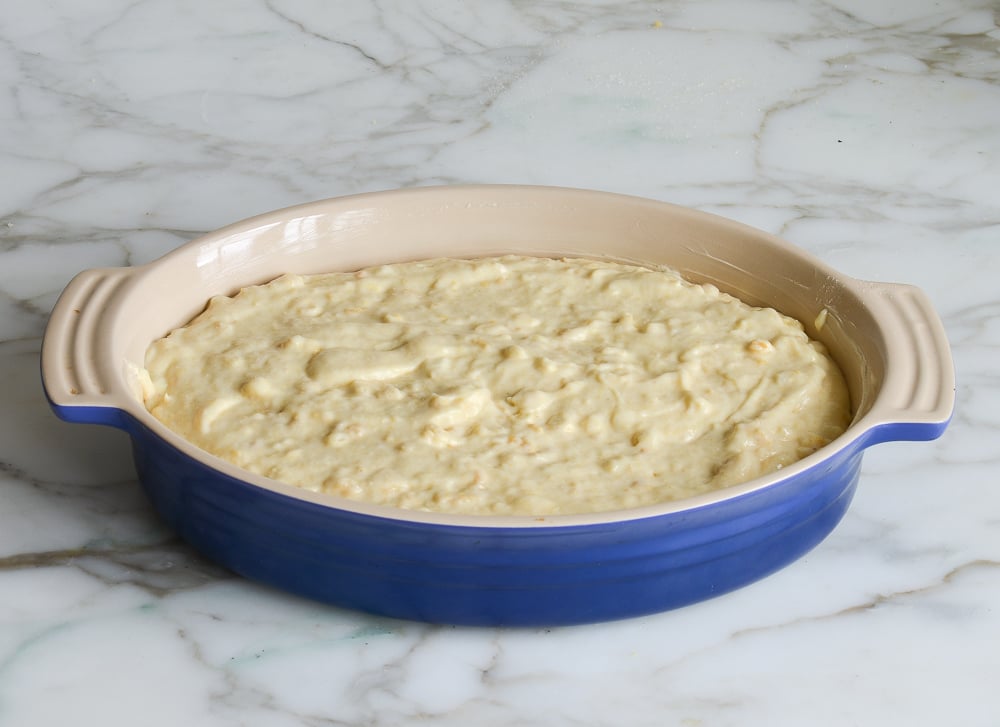 spoon bread batter in baking dish