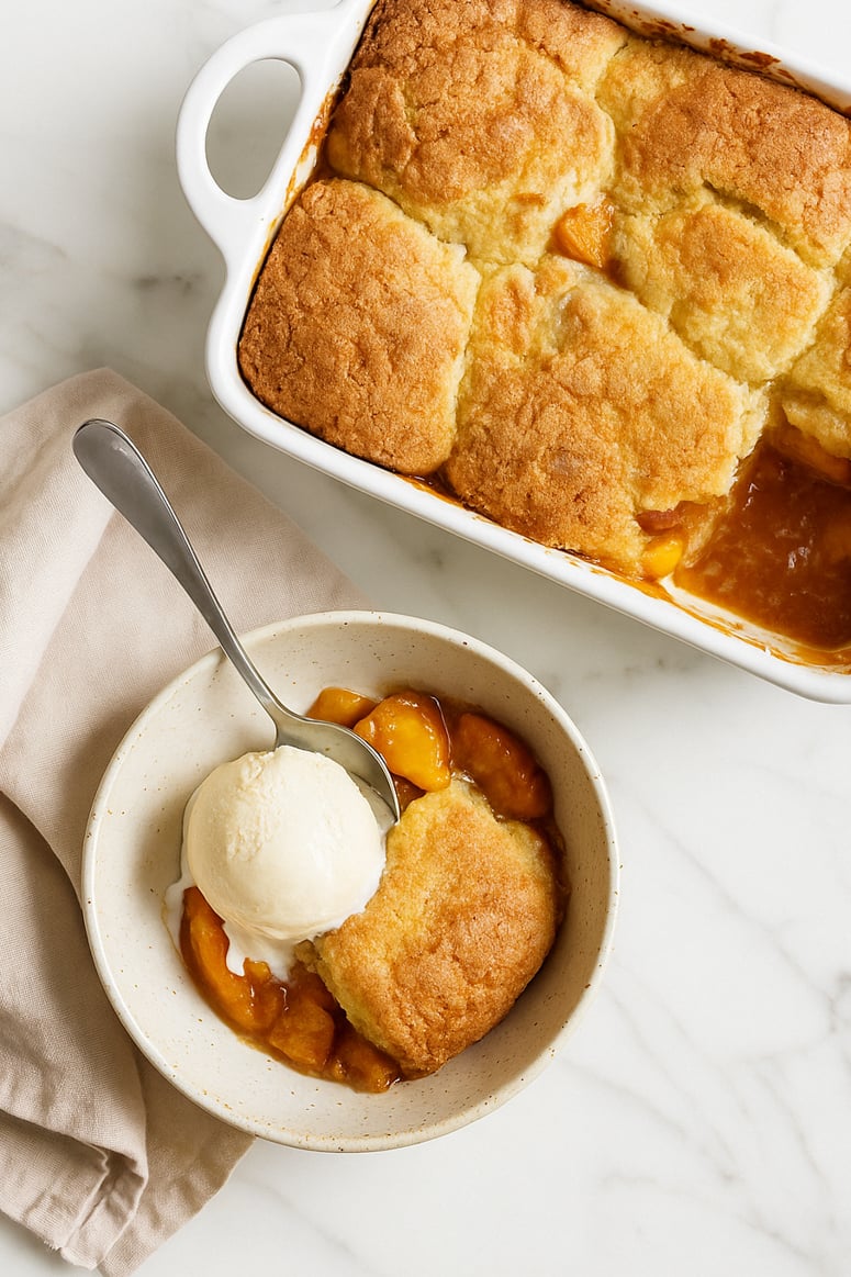 peach cobbler in a bowl with ice cream