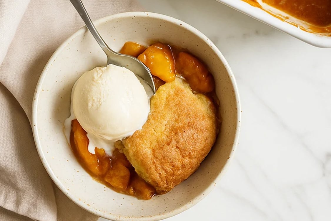 peach cobbler in a bowl with vanilla ice cream