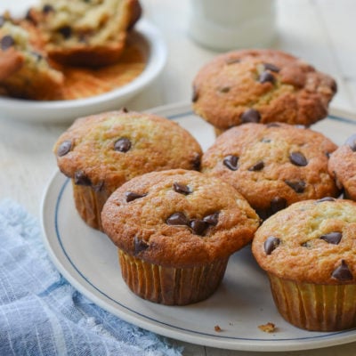 Plate of banana chocolate chip muffins.