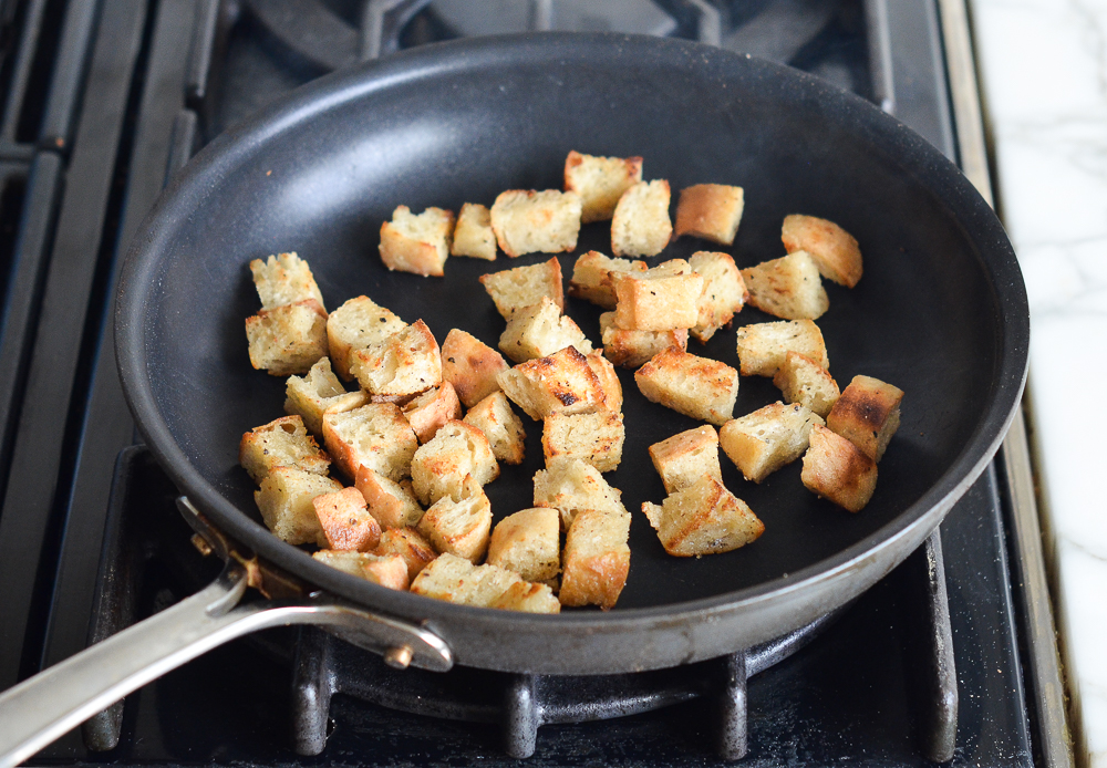 toasted croutons in pan.