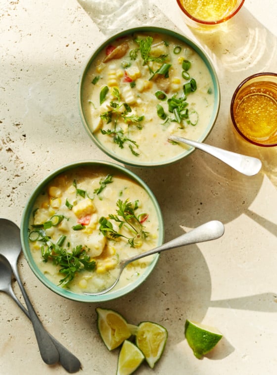 Two bowls of southwestern corn chowder.