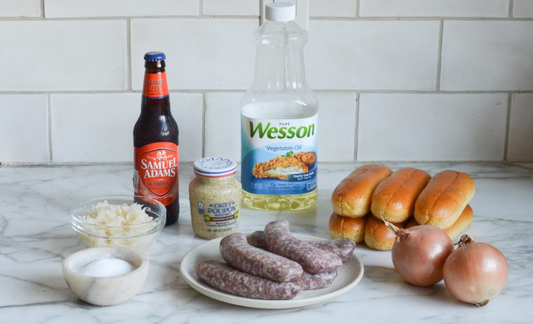 Bratwurst ingredients including Samuel Adams beer, vegetable oil, and onion.