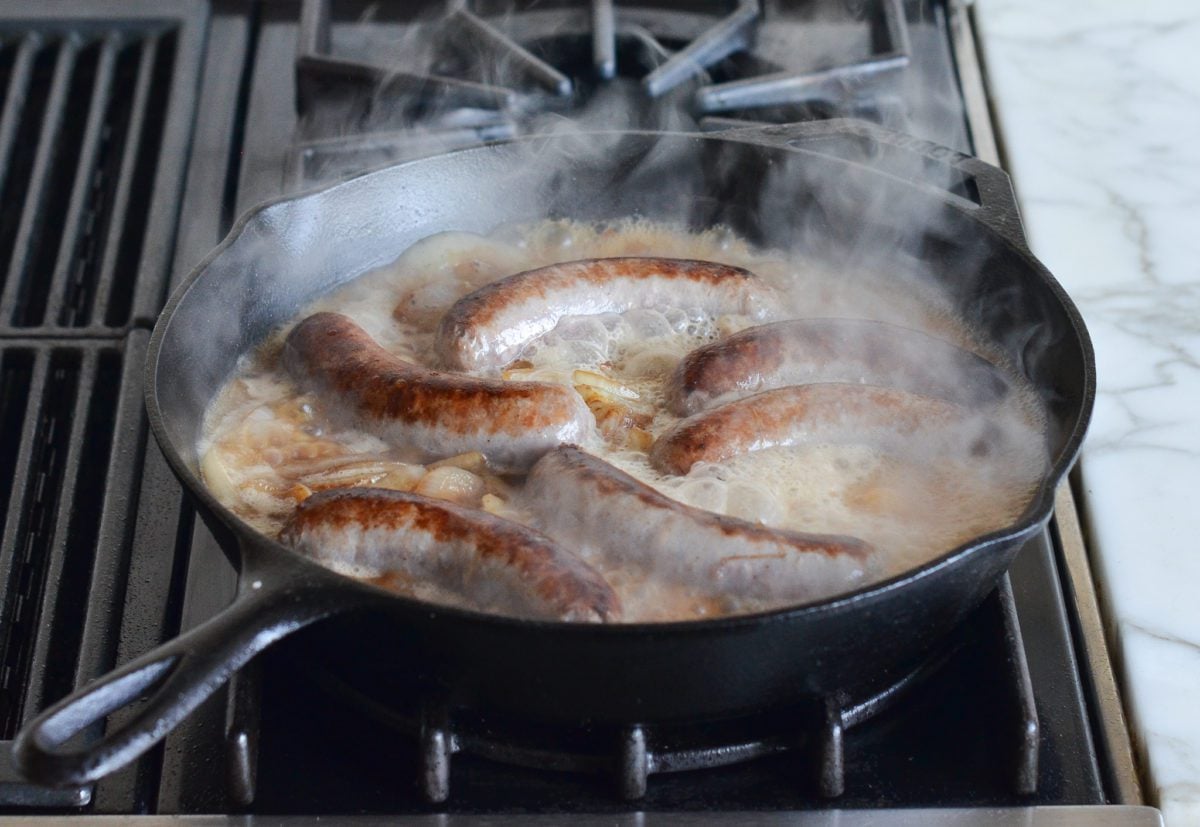 Beer boiling in a skillet.