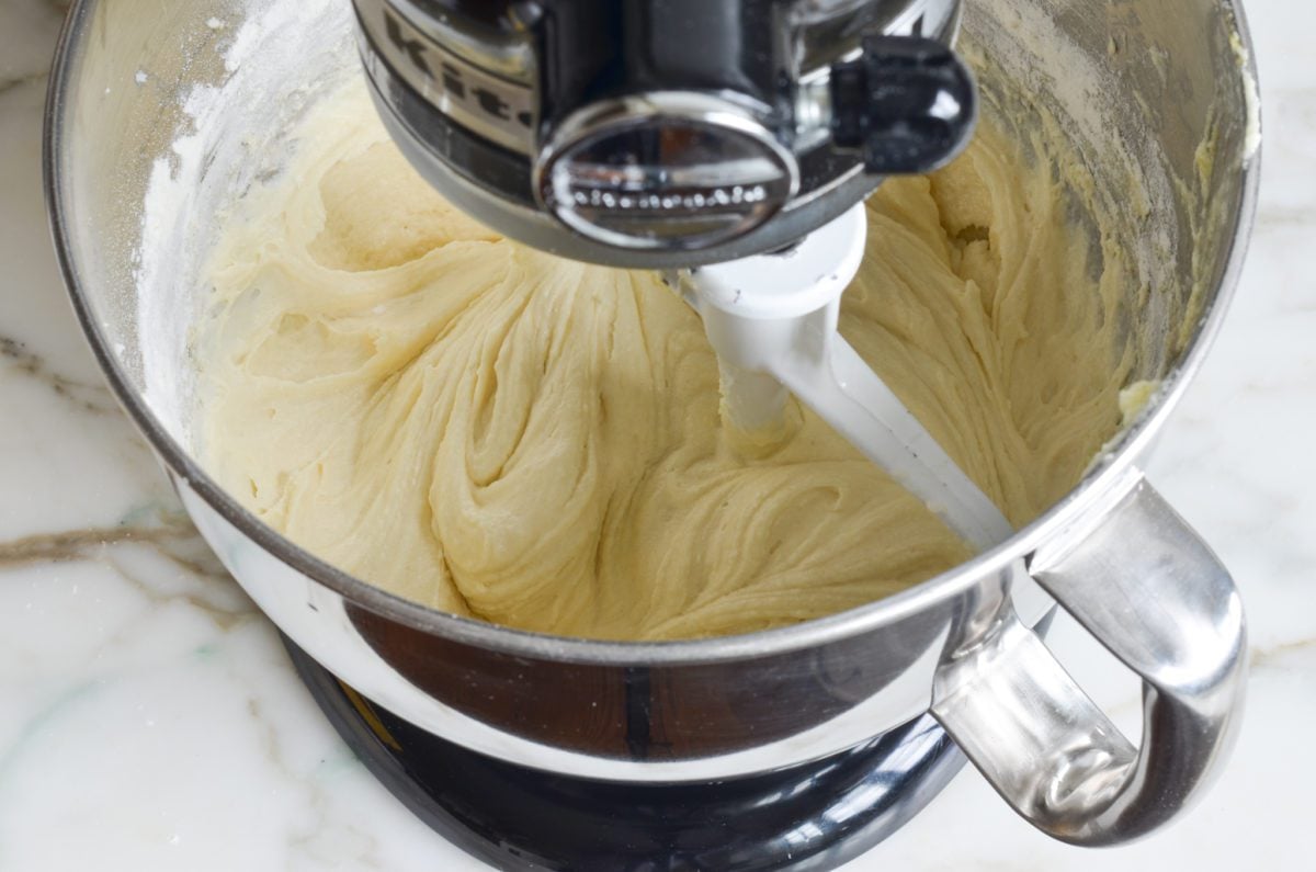 Finished crumb cake batter in mixer.