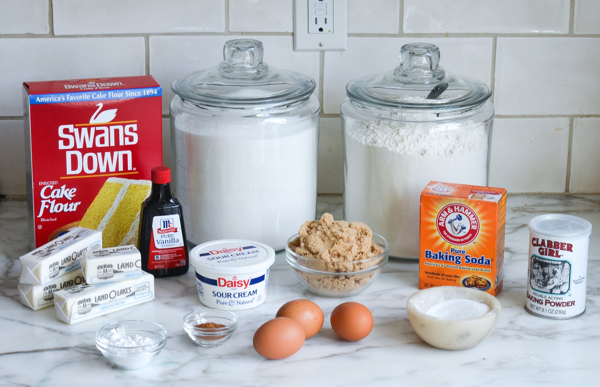 Crumb cake ingredients on the counter before mixing together.