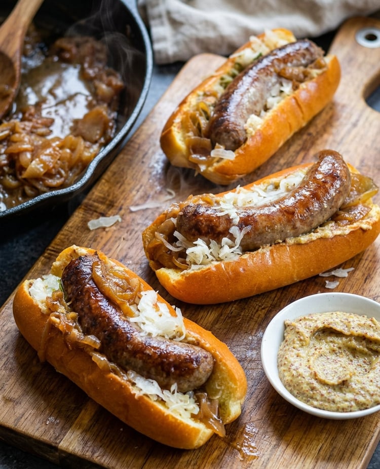 Beer brats on cutting board with bowl of mustard.